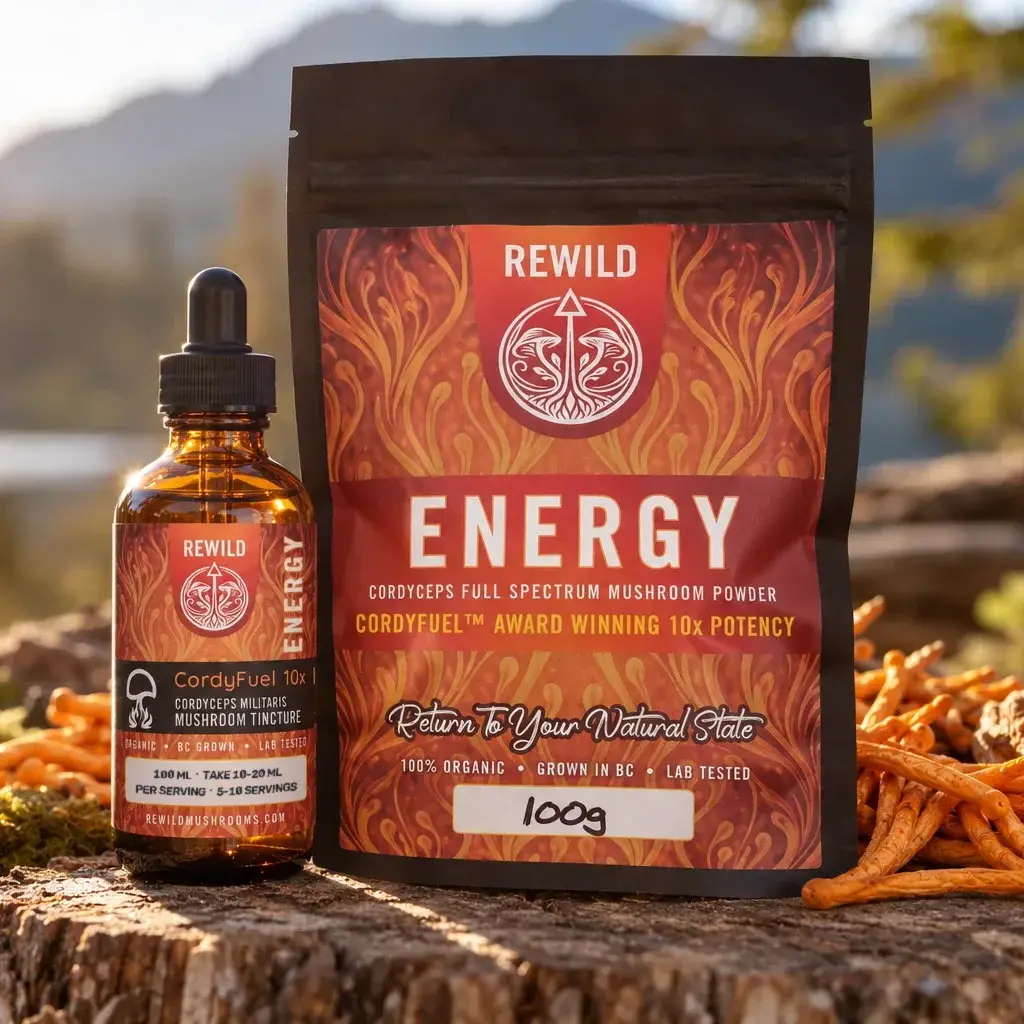 REWILD Energy CordyFuel™ powder pouch and tincture bottle with fresh Cordyceps militaris by a mountain lake