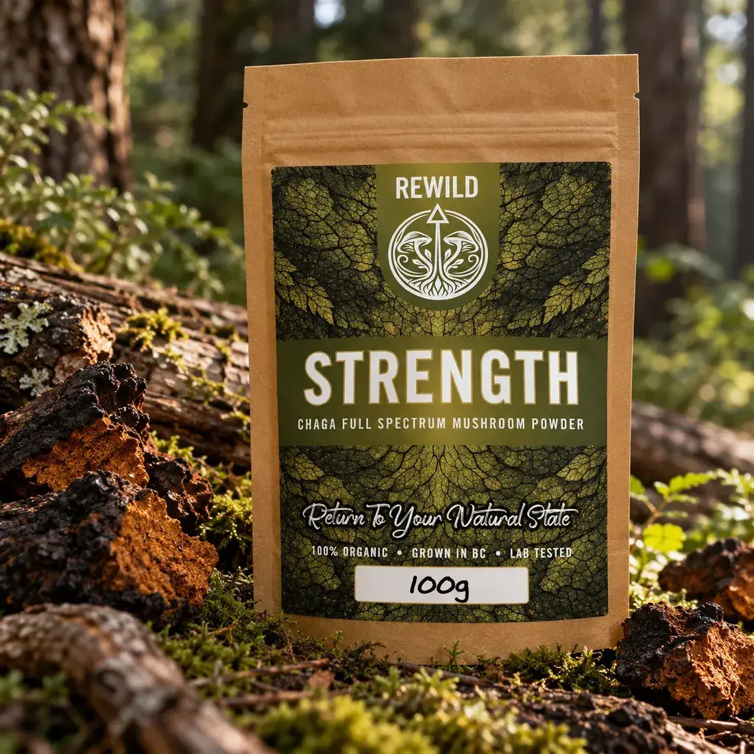 REWILD Strength Chaga powder pouch among chunks of wild Chaga